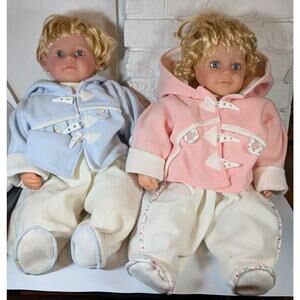 VTG Pair Twins Baby Doll Boy Girl Curly Hair Cloth Plastic Soft Body Blue Eye